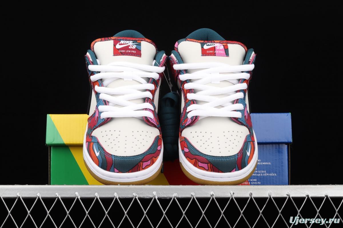 Parra x NIKE DUNK SB Low Pro White, Blue and Red Abstract Art scratch Music Olympic Slam Dunk Series retro low-top leisure sports skateboard shoes DH7695-600