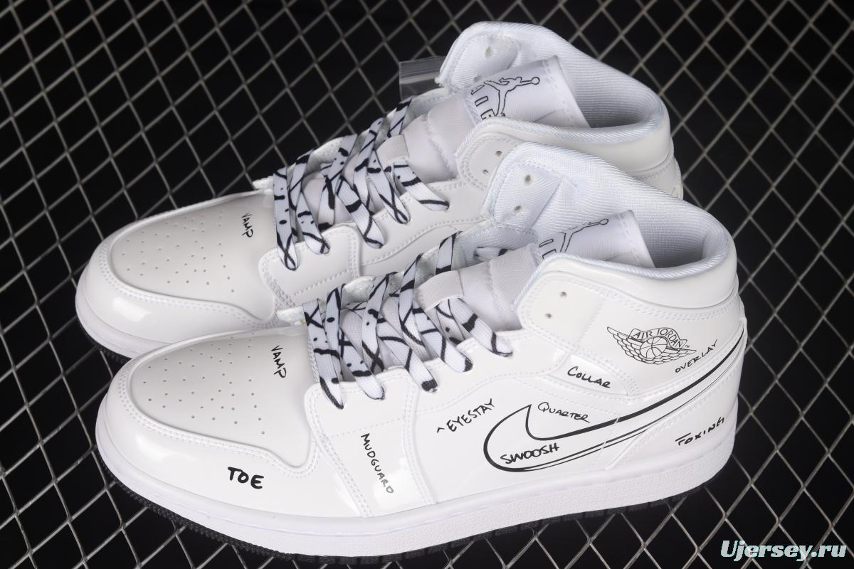 Air Jordan 1 Mid GS Schematic White Graffiti Zhongbang Basketball Shoes DQ1864-100