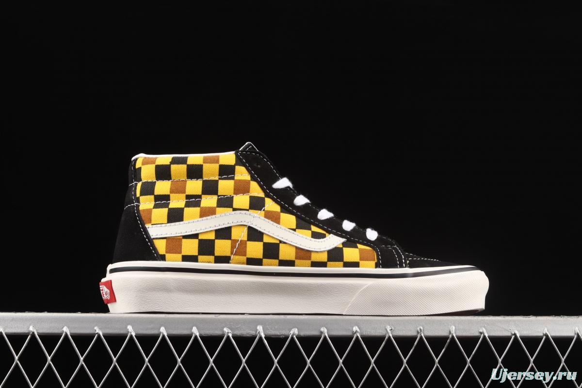 Vans Sk8-Mid Vance black, blue, orange and yellow plaid casual board shoes VN0A3WM3SW1