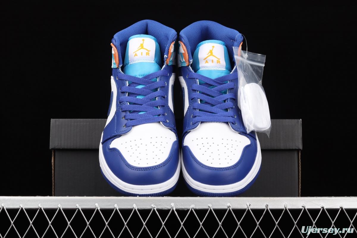 Air Jordan 1 Mid geometrical white and blue Zhongbang basketball shoes 555112-105