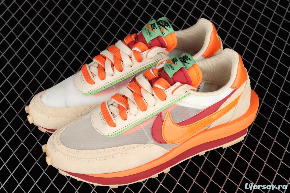 CLOT x Sacai x NIKE LDWaffle Net Orange Blaze joint overlapping design avant-garde waffle deformation rice orange color match casual jogging shoes DH1347-100