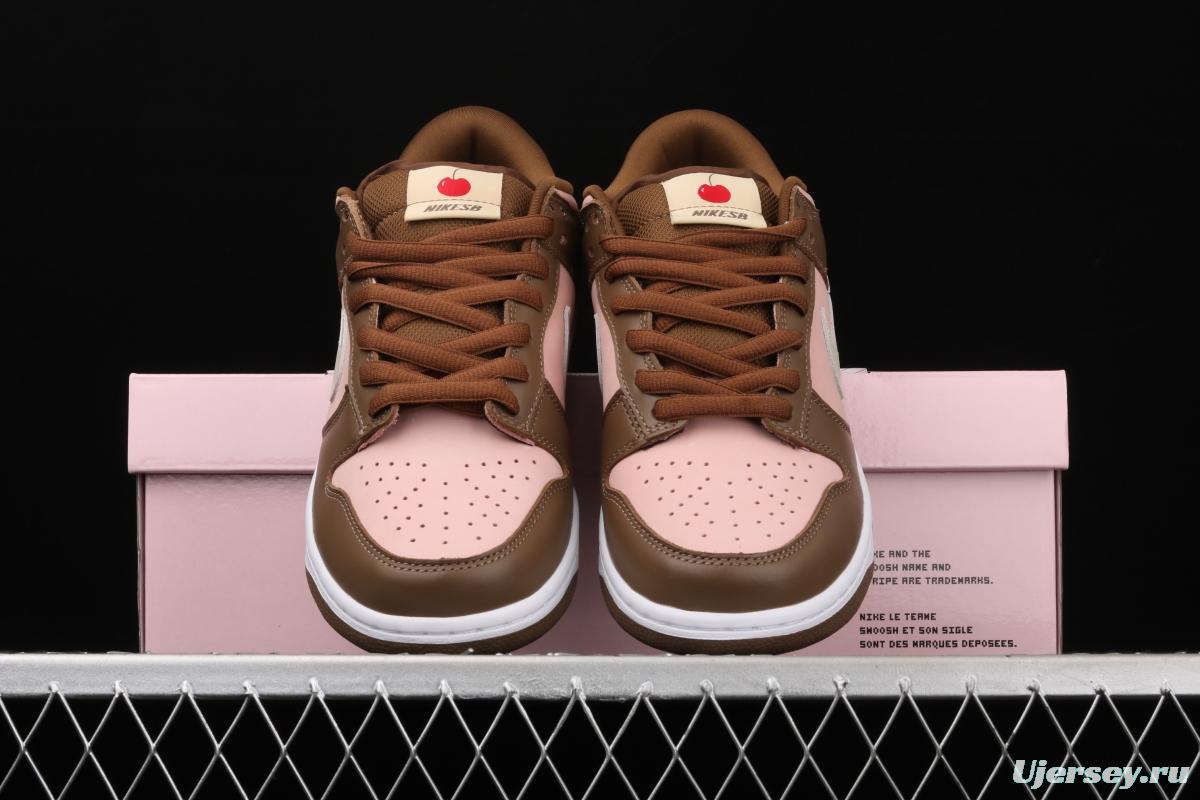 Stussy x SB DUNK Low Pro Cherry cherry pink brown skateboard shoes with low uppers 304292-671