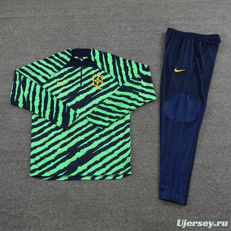 2022 Brazil Green Stripe Half Zipper Tracksuit