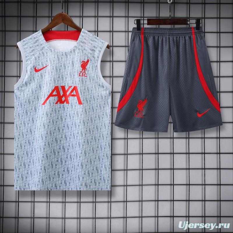 23-24 Liverpool White/Grey Grid Vest Jersey+Shorts