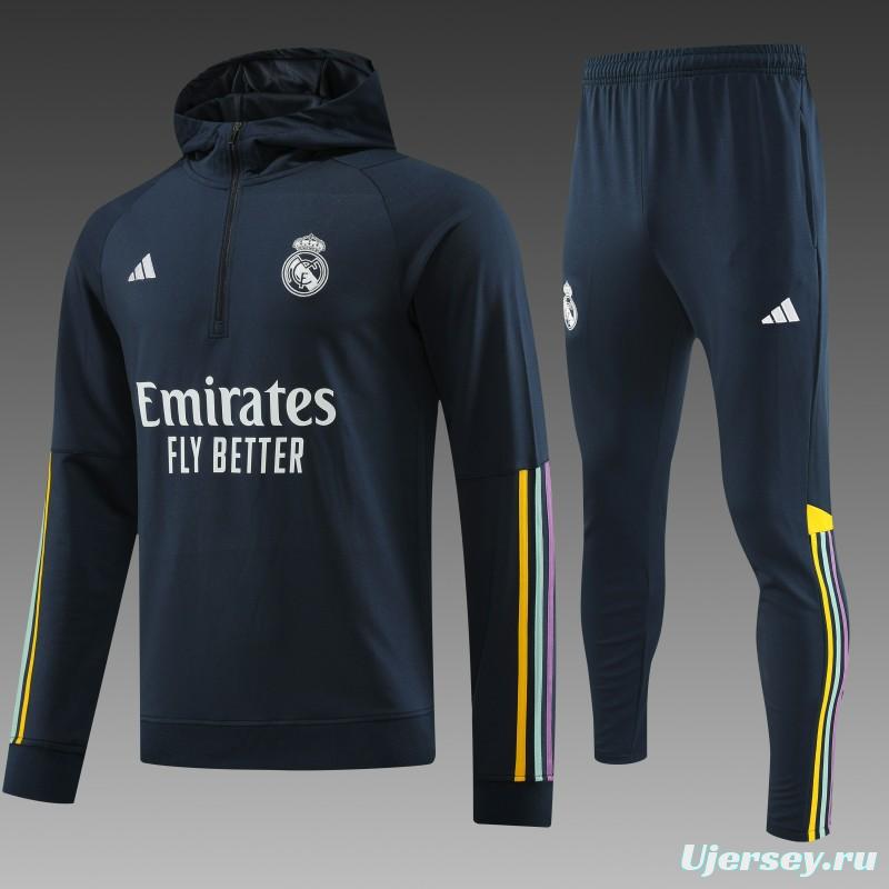 23/24 Real Madrid Navy Hoodie Half Zipper Jacket+ Pants