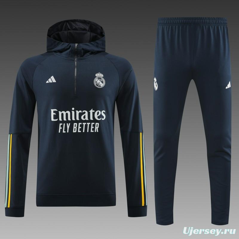 23/24 Real Madrid Navy Hoodie Half Zipper Jacket+ Pants