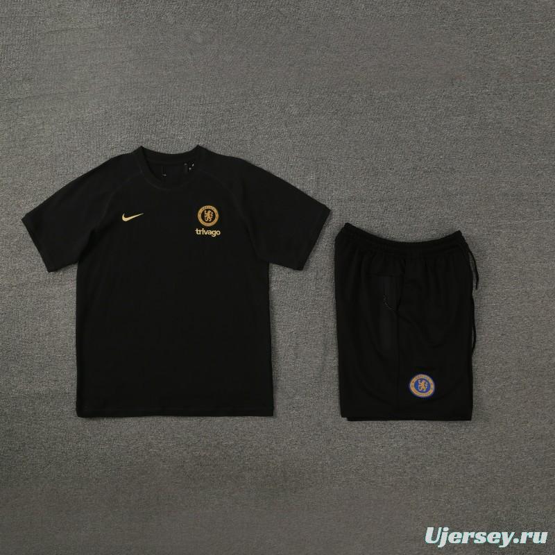 23/24 Chelsea Black Cotton Short Sleeve Jersey+Shorts