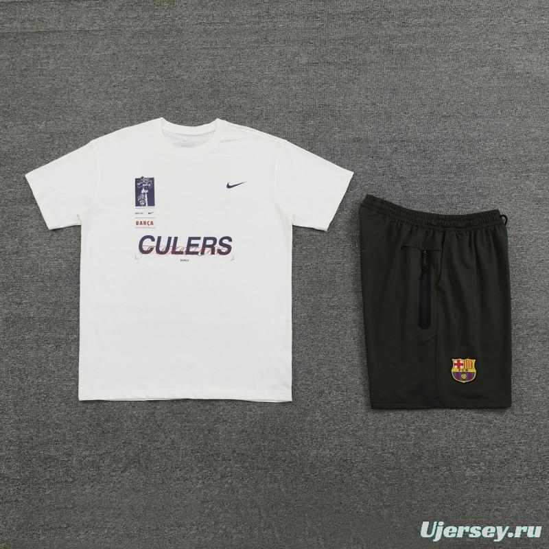 23/24 Barcelona White Cotton Short Sleeve Jersey+Shorts