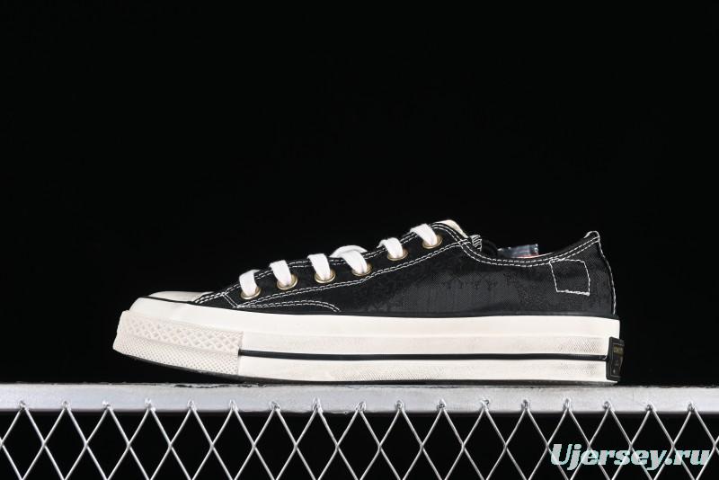 Clot x Fragment Design x Converse Custom Triple Collaboration Low-Top Sneakers with Distressed Black Silk and Brier Pattern - A10925C