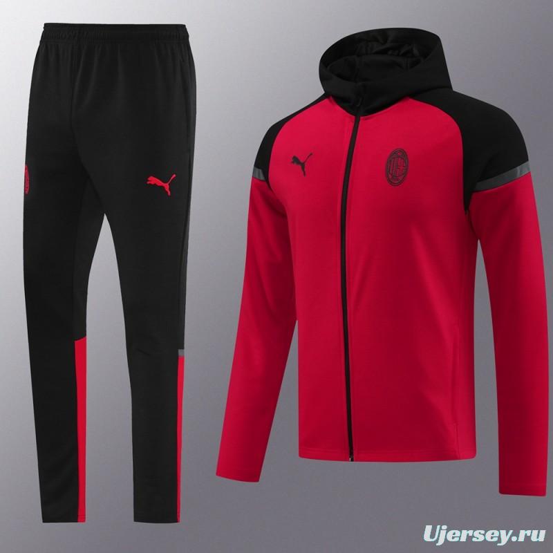 24/25 AC Milan Red/Black Hoodie Full Zipper Jacket +Long Pants