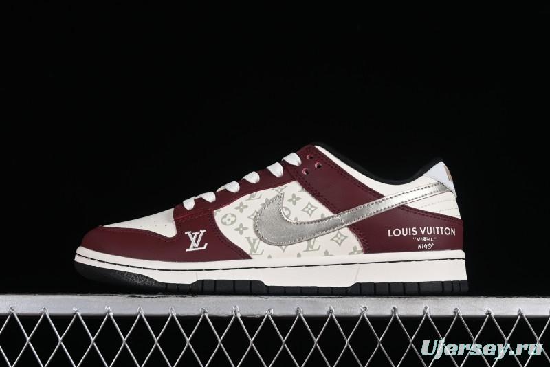 Louis Vuitton x Nike Dunk Low Customized Sneakers - Burgundy with Silver Swoosh SB Low Top Casual Skate Shoes - FC1688-188