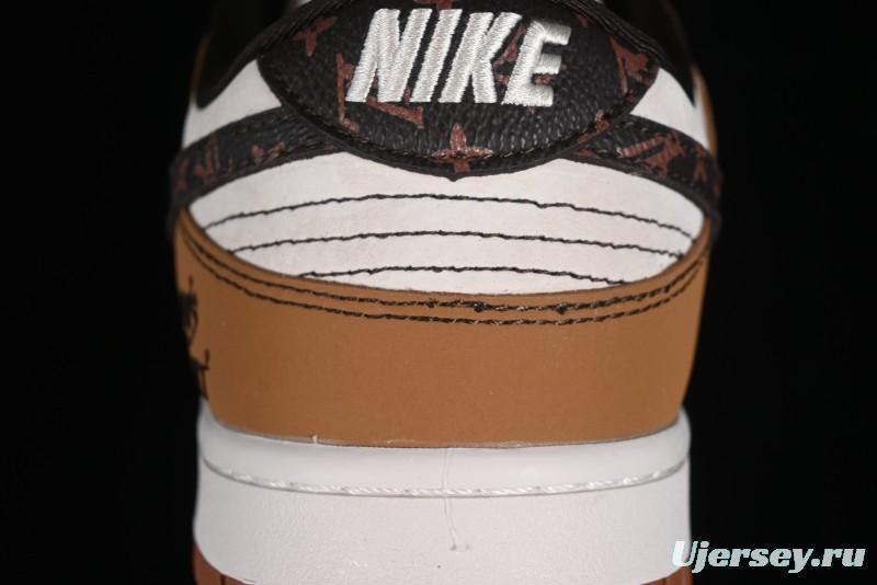 Nike SB Dunk Low LV Collaboration - Brown Black Monogram Anniversary High-End Custom Low-Top Casual Skate Shoes - DQ1098-342