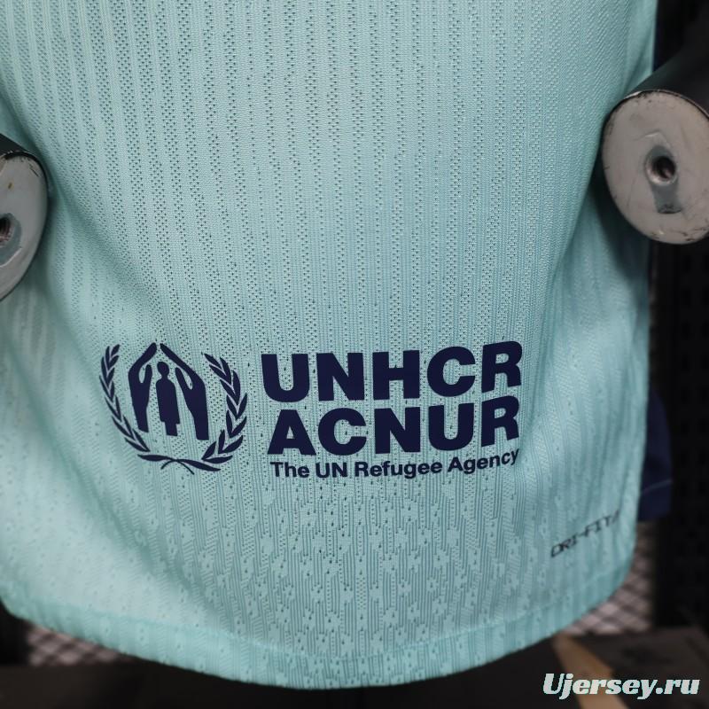 Player Version 25/26 Barcelona Blue 125Th Anniversary Mint Green Jersey with Navy Blue Stripe and Spotify Sponsor