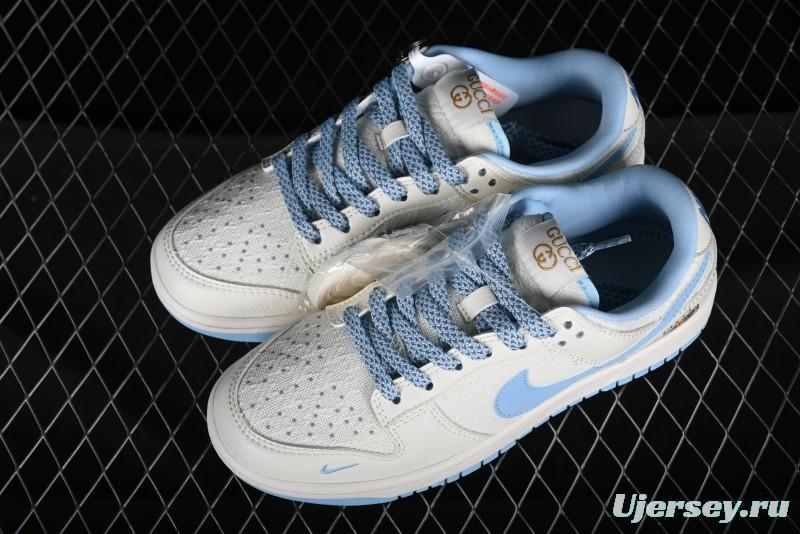Nike SB Dunk Low Gucci Collaboration - Beige & Light Blue Crochet Fabric Anniversary High-End Custom Low-Top Casual Skate Shoes - DQ1098-376