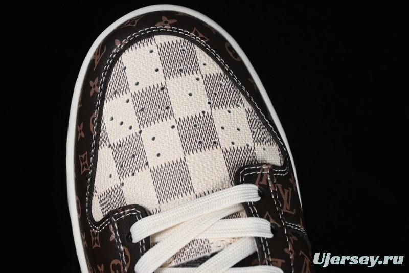 Nike SB Dunk Low LV Collaboration - Checkerboard Brown Monogram White Swoosh Anniversary High-End Custom Low-Top Casual Skate Shoes - SJ2068-255