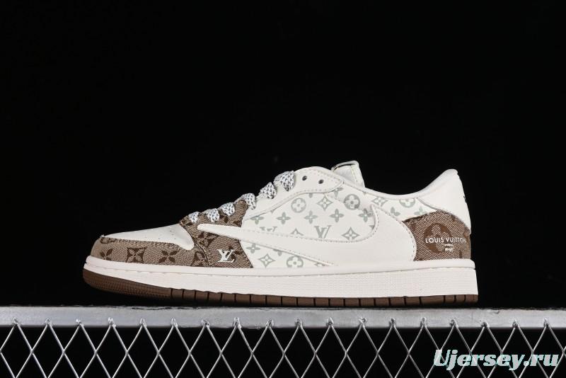 Nike Travis Scott x Fragment Design x Jordan Air Jordan 1 Low OG SP AJ1 LV Light Brown Print Casual Sneakers - SJ2068-102