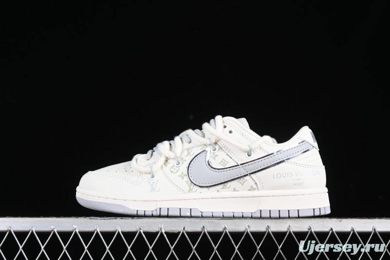 Nike SB Dunk Low LV Collaboration Strap White Grey Check Anniversary High-End Custom Low-Top Casual Skate Shoes - SJ2068-245