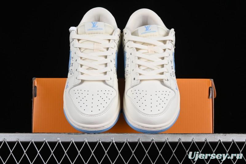 Nike SB Dunk Low LV Collaboration - Beige Blue Double Swoosh Print Anniversary Custom Low-Top Casual Sneakers - CF3688-005