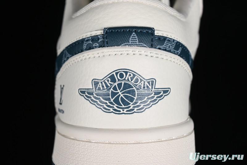 Nike Air Jordan 1 Low LV Collaboration - White with Blue Swoosh Custom Casual Sneakers - WG8850-005