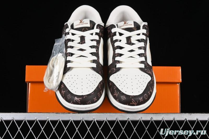 Nike SB Dunk Low LV Collaboration - Checkerboard Brown White Swoosh Anniversary High-End Custom Low-Top Casual Sneakers - SJ2068-253