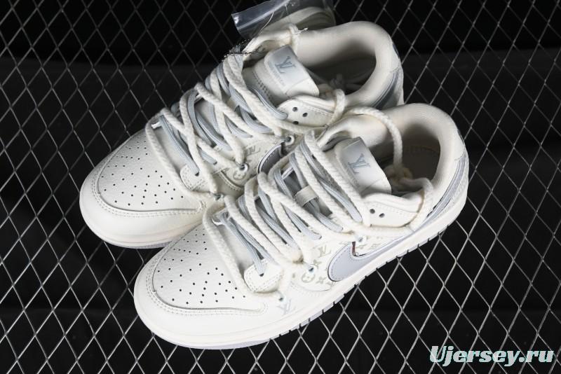 Nike SB Dunk Low LV Collaboration Strap White Grey Check Anniversary High-End Custom Low-Top Casual Skate Shoes - SJ2068-245