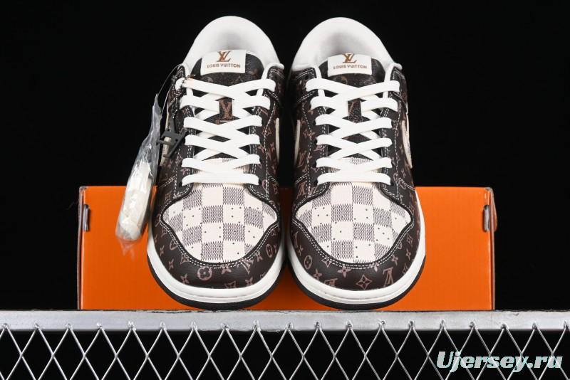 Nike SB Dunk Low LV Collaboration - Checkerboard Brown Monogram White Swoosh Anniversary High-End Custom Low-Top Casual Skate Shoes - SJ2068-255