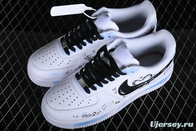 Nike Air Force 1 '07 Low Casual Sneakers with Anime-inspired Blue Spray Paint Design - CW2288-111