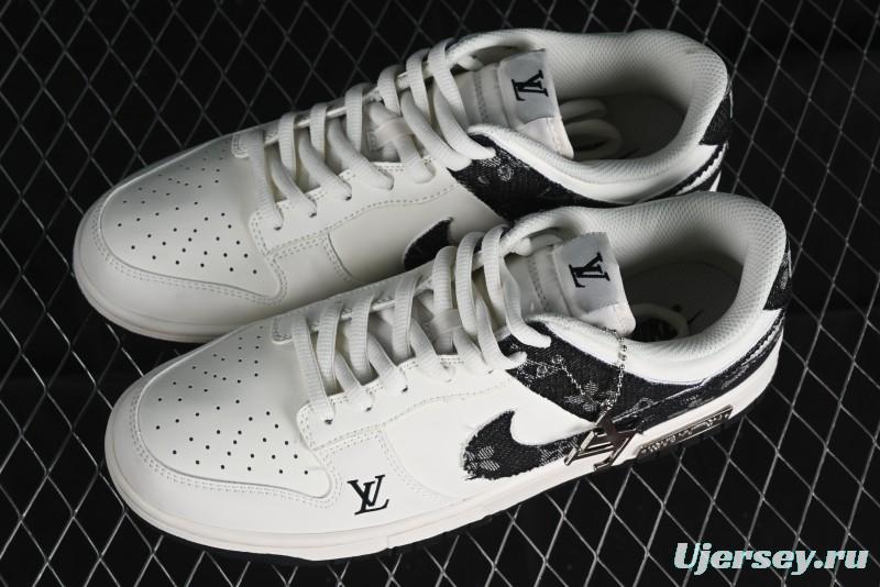 Nike SB Dunk Low LV Collaboration - Black Denim Off-White Black Swoosh Anniversary Custom Low-Top Casual Skate Shoes - DJ2024-009