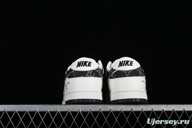Nike SB Dunk Low LV Collaboration - Beige Black Denim Floral Anniversary High-End Custom Low-Top Casual Skate Shoes - XB3802-358