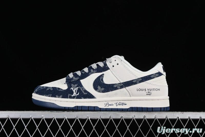 Nike SB Dunk Low LV Collaboration - Dark Blue Denim Anniversary High-End Custom Low-Top Casual Skate Shoes - XP3802-335