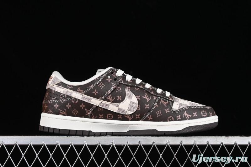 Nike SB Dunk Low LV Collaboration - Checkerboard Brown Monogram White Swoosh Anniversary High-End Custom Low-Top Casual Skate Shoes - SJ2068-255