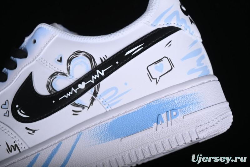 Nike Air Force 1 '07 Low Casual Sneakers with Anime-inspired Blue Spray Paint Design - CW2288-111