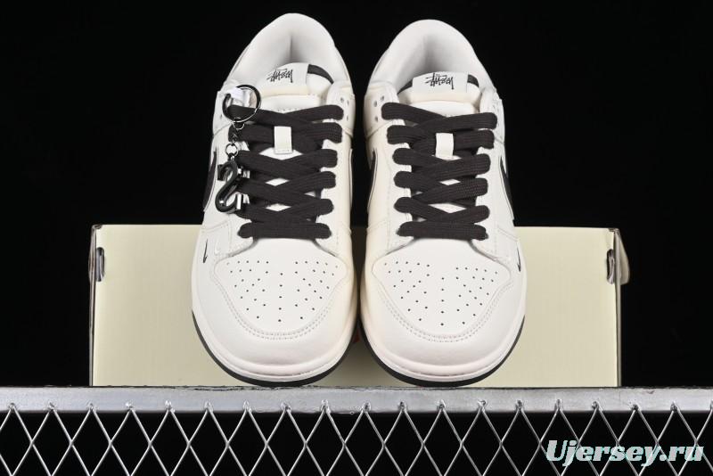 Stussy x Nike SB Dunk Low Anniversary Customized Casual Sneakers in Off-White Black Swoosh - DQ1098-378