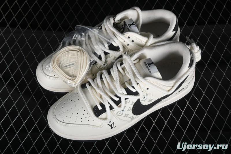 Nike SB Dunk Low LV Collaboration Strap Monogram Beige Black Hook Anniversary High-End Custom Low-Top Casual Skate Shoes - SJ2068-260