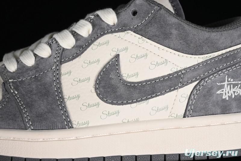 Nike Air Jordan 1 Low AJ1 Stussy Collaboration - Grey Pigskin Custom Low-Top Basketball Shoes - SJ9950-010