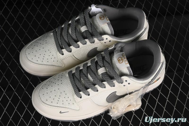 Nike SB Dunk Low Gucci Collaboration Anniversary High-End Custom Sneakers in Off-White & Dark Gray Swoosh - DQ1098-383