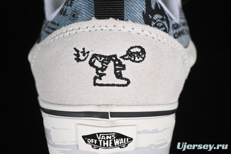 HIRONO Knu Skool Low-Top Casual Sneakers with Denim Graffiti Design - VN0009QCRBL