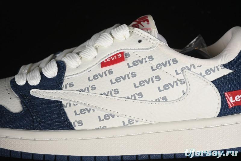 Nike Travis Scott x Fragment Design x Air Jordan 1 Low OG SP AJ1 Levi's Collaboration - White Blue Canvas Low Top Casual Sneakers - JH6088-605