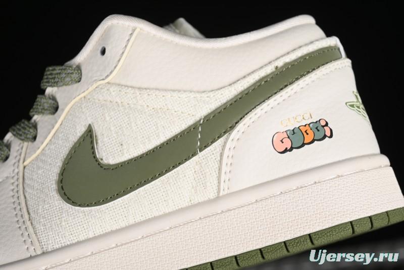 Nike Air Jordan 1 Low AJ1 Gucci Collaboration - Beige Green Knit High-End Custom Retro Basketball Shoes - DM5688-103