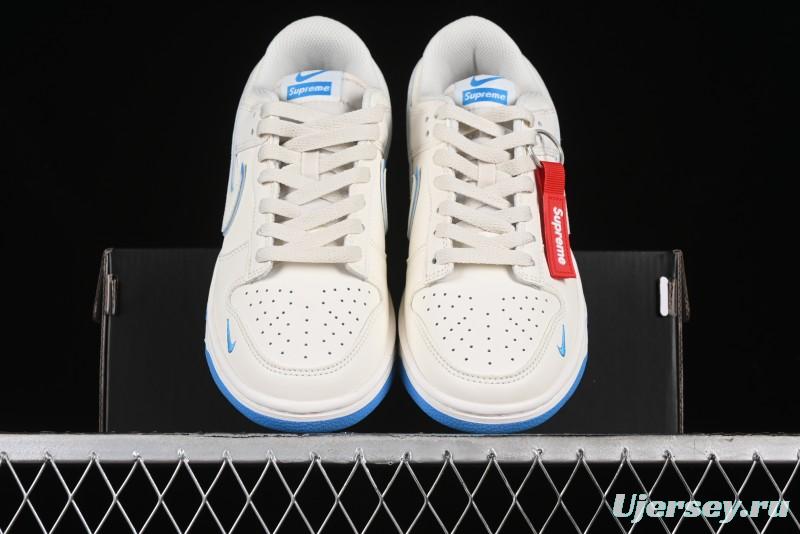 Nike SB Dunk Low Supreme Collaboration - Cream White with Sky Blue Swoosh Anniversary Customized Low-Top Casual Skate Shoes - DJ2024-012