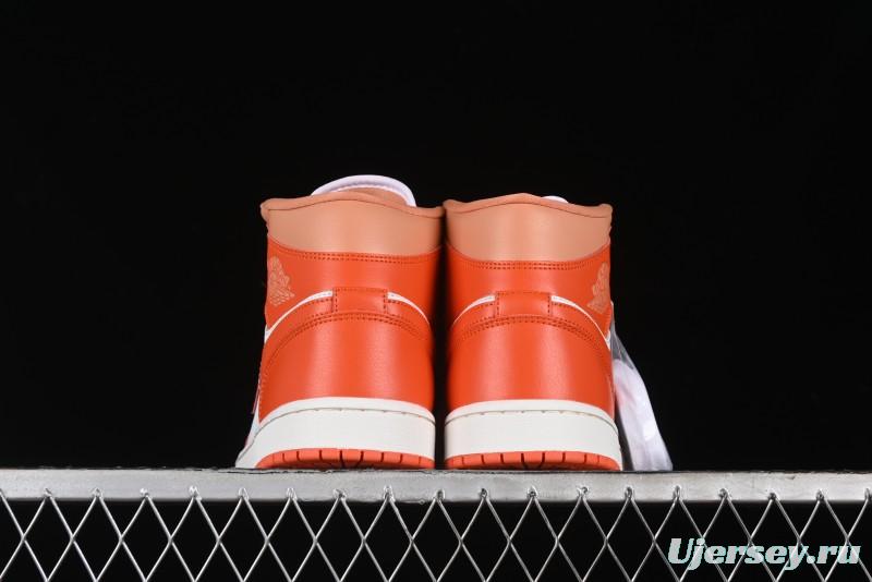 Nike Air Jordan 1 Mid Basketball Shoes in White and Orange Colorway - BQ6472-108