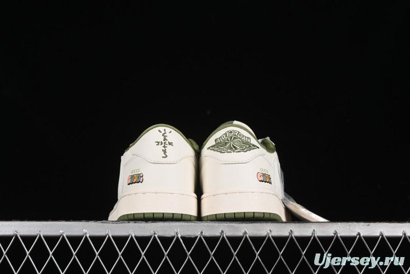 Nike Travis Scott x Fragment Design x Air Jordan 1 Low OG SP AJ1 Retro Sneakers in Off-White & Fresh Green - DM6688-606