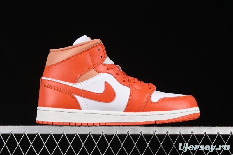 Nike Air Jordan 1 Mid Basketball Shoes in White and Orange Colorway - BQ6472-108