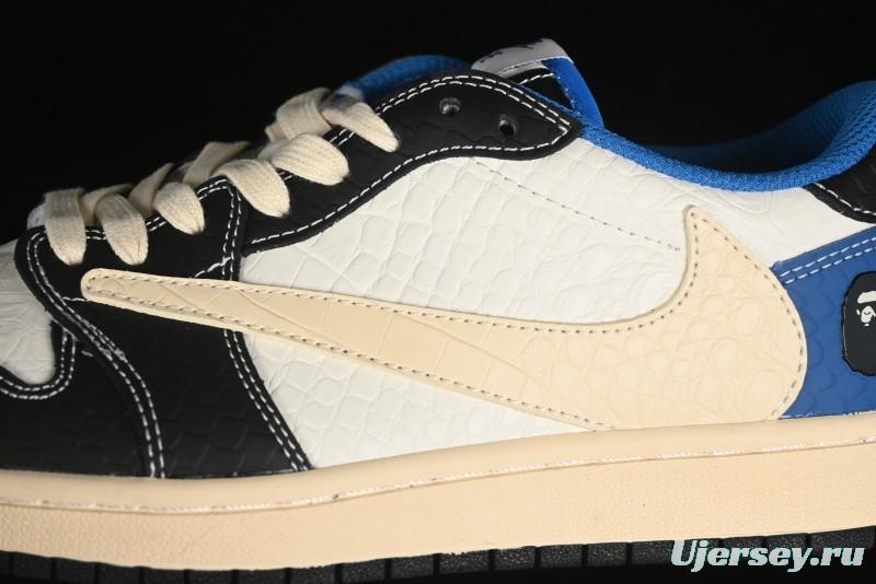 Nike Travis Scott x Fragment Design x Air Jordan 1 Low OG SP AJ1 Bape Collaboration - Crocodile Leather Black White Blue Low Top Casual Sneakers - XZ2828-001