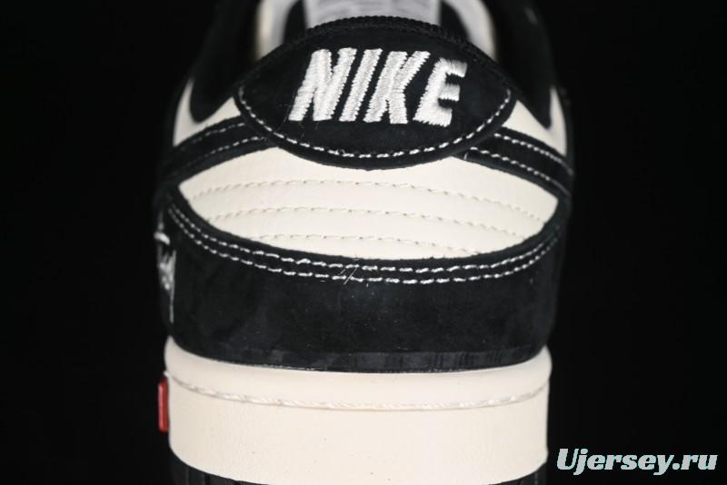 Nike SB Dunk Low Supreme x Stussy Triple Collaboration - Black White Black Swoosh Anniversary Custom Low Top Casual Skate Shoes - SJ2068-300