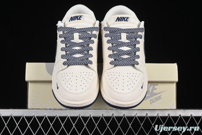 Nike SB Dunk Low Anniversary Premium Custom Low-Top Casual Skate Shoes in Off-White with Navy Blue Swoosh - SJ1089-004