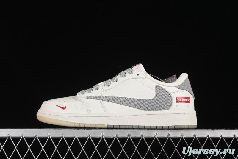 Nike Travis Scott x Fragment Design x Air Jordan 1 Low OG SP AJ1 Supreme Collaboration - Light Grey Denim Two-Tone Low-Top Casual Sneakers - JH6088-705