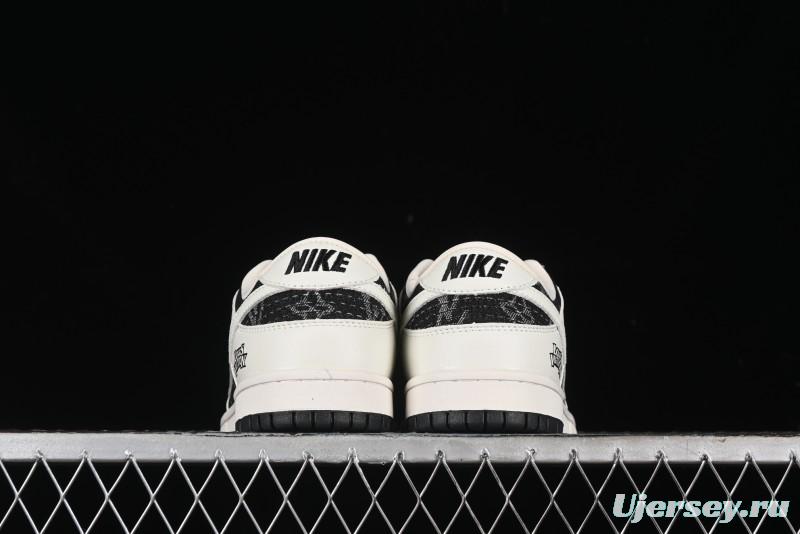 Nike SB Dunk Low LV Collaboration - Beige Black Printed Denim Anniversary High-End Custom Low-Top Casual Skate Shoes - XB3802-357