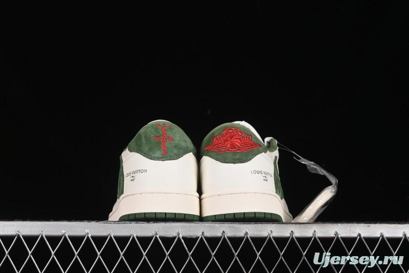 Nike Travis Scott x Fragment Design x Air Jordan 1 Low OG SP AJ1 LV Collaboration - Grey Green Pigskin Low Top Casual Sneakers - XZ1268-005