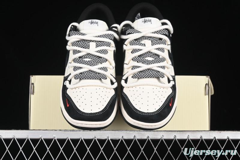 Nike SB Dunk Low Stussy Collaboration - White Embroidery Black Swoosh Anniversary Custom Low-Top Casual Sneakers - SJ2068-311